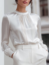 Pleated Front Satin Blouse With Refined Collar