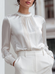 Pleated Front Satin Blouse With Refined Collar