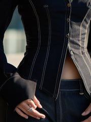 Chic Denim Style Blazer Shirt With Contrast Stitching