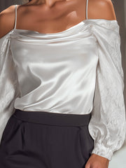 Off-Shoulder Satin Blouse With Textured Sleeves