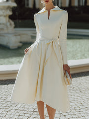 Elegant Asymmetric Collar Midi Dress With Waist Tie