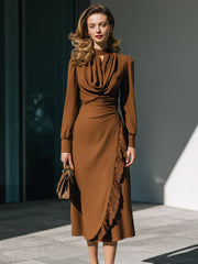 Cocoa Brown Draped Neck Long-Sleeve Midi Dress With Textured Ruffle Trim