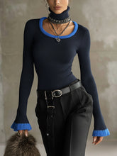 Navy Blue Contrast Knit Flare Sleeve Top