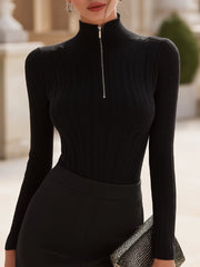 Elegant Half-Zip Ribbed Knit Top