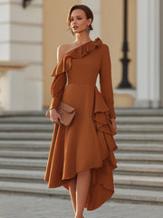 Asymmetrical Ruffle Detail One-Shoulder Midi Dress