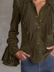 Olive Green Faux Suede Fringe Studded Blouse