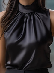 Black Satin High Neck Sleeveless Blouse