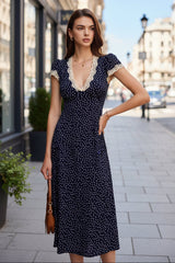 Polka Dot Midi Dress with Puff Sleeves