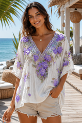 Floral Print V-Neck Top with Relaxed Everyday Appeal