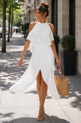 Elegant Off-Shoulder Midi Dress with Asymmetrical Hemline