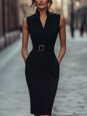 Refined Sleeveless Black Belted Sheath Dress with Mandarin Collar