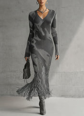 Yohers Olive Camo Knit V-Neck Fringe Hem Bodycon Dress