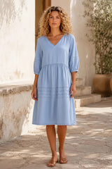 Puff Sleeve V-Neck Babydoll Midi Dress
