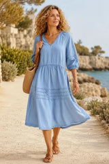 Puff Sleeve V-Neck Babydoll Midi Dress