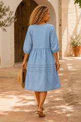 Puff Sleeve V-Neck Babydoll Midi Dress