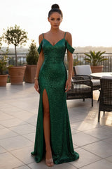 Sequin Off-Shoulder Maxi Dress with High Slit