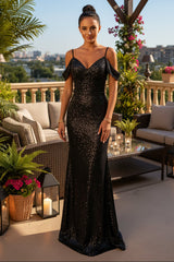 Sequin Off-Shoulder Maxi Dress with High Slit