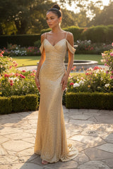 Sequin Off-Shoulder Maxi Dress with High Slit