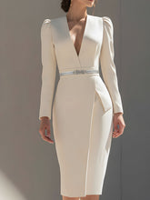 White Belted Tailored Dress With Deep V-Neck
