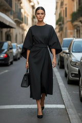Wide Sleeve Belted Wrap Midi Dress