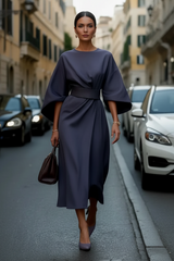 Wide Sleeve Belted Wrap Midi Dress