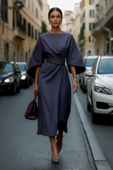Wide Sleeve Belted Wrap Midi Dress