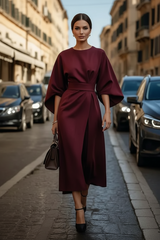 Wide Sleeve Belted Wrap Midi Dress