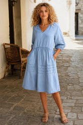 Puff Sleeve V-Neck Babydoll Midi Dress