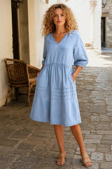Puff Sleeve V-Neck Babydoll Midi Dress