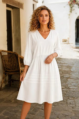 Puff Sleeve V-Neck Babydoll Midi Dress