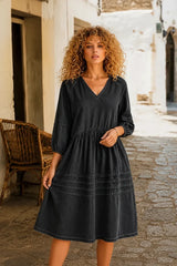 Puff Sleeve V-Neck Babydoll Midi Dress