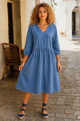 Puff Sleeve V-Neck Babydoll Midi Dress