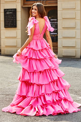 Princess A-Line V-Neck Fuchsia Tiered Prom Dress With Slit