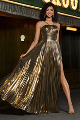 Golden A-Line Spaghetti Straps Pleated Sparkly Metallic Prom Dress with Slit