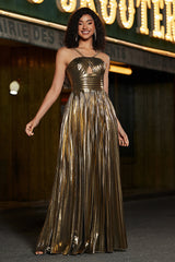Golden A-Line Spaghetti Straps Pleated Sparkly Metallic Prom Dress with Slit