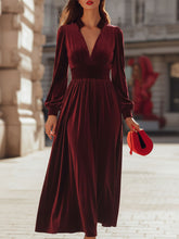 Elegant Burgundy Velvet Deep V-Neck Maxi Dress