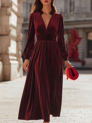 Elegant Burgundy Velvet Deep V-Neck Maxi Dress
