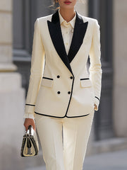 Cream Double-Breasted Suit Set With Black Contrast Trims