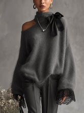 Gray Mohair Knit Sweater With Lace Cuffs