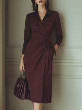 Burgundy Wrap-Front Shirt Dress With Draped Waist