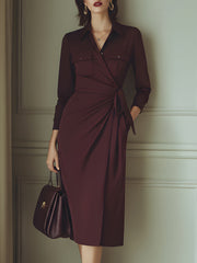 Burgundy Wrap-Front Shirt Dress With Draped Waist