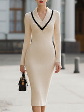 Elegant Beige Ribbed Contrast-Trim V-Neck Midi Dress
