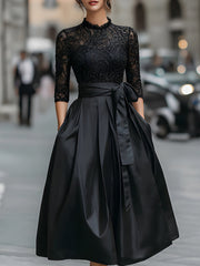 Elegant Black Lace Bodice Dress With Satin Pleated Skirt