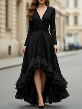 Black Long-Sleeve High-Low Ruffled Evening Dress