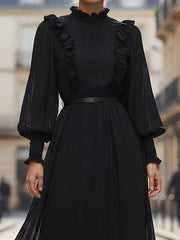 Black Long-Sleeve Ruffled High-Neck Pleated Midi Dress