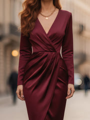 Burgundy Satin Wrap Midi Dress
