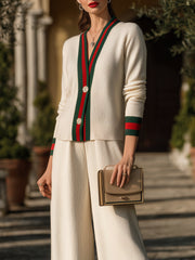 Contrast Trim Button-Front Knit Set