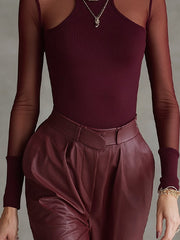 Red Sheer Mesh Panel High Neck Bodysuit T-shirt