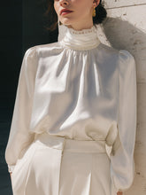 Elegant High-Neck Satin Blouse with Lace Trim