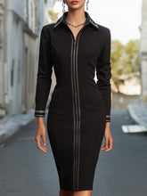Zipper-Front Bodycon Midi Dress With Tailored Collar